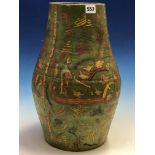 A GREEN PAINTED TERRACOTTA BALUSTER VASE APPLIED WITH DECOUPAGES ANIMALS, FIGURES AND SCROLLS. H