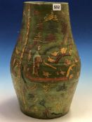 A GREEN PAINTED TERRACOTTA BALUSTER VASE APPLIED WITH DECOUPAGES ANIMALS, FIGURES AND SCROLLS. H