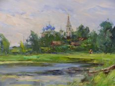 20th CENTURY RUSSIAN SCHOOL. TWO RURAL LAKE LANDSCAPES, SIGNED, BOTH INSCRIBED AND DATED 1994 VERSO,