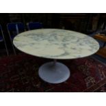 AN ARKANA COMPOSITION GREY MARBLE WHITE CIRCULAR TOPPED WHITE PAINTED ALUMINIUM SUPPORTED TABLE.