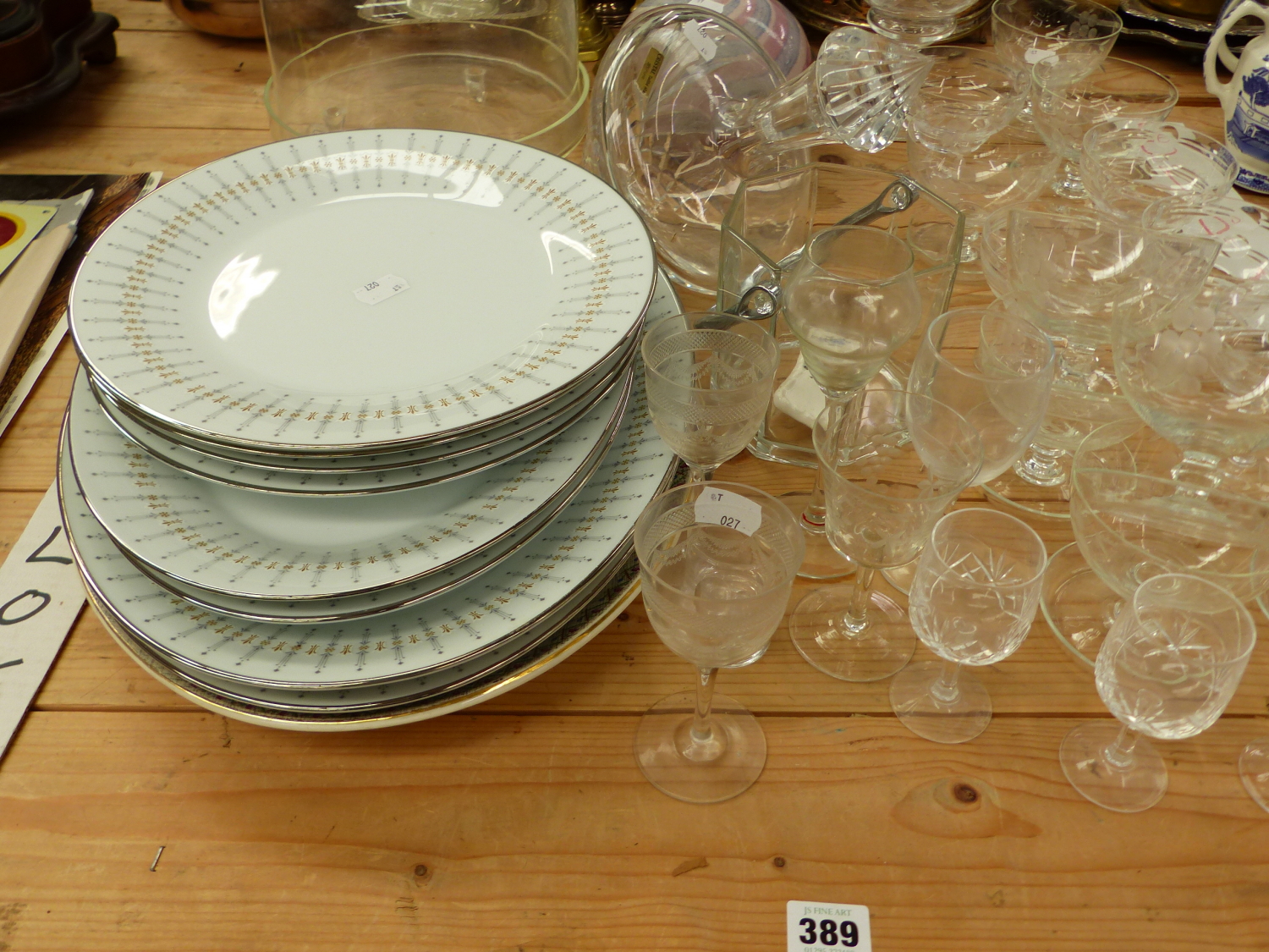 NORITAKE TIFFANY PATTERN PLATES AND PLATTERS, A GLASS DECANTER, A CHEESE COVER AND STAND,
