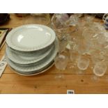 NORITAKE TIFFANY PATTERN PLATES AND PLATTERS, A GLASS DECANTER, A CHEESE COVER AND STAND,