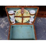 A VINTAGE PICNIC HAMPER AND CONTENTS, ONE OTHER AND A WOODEN WINE BOTTLE CARRIER