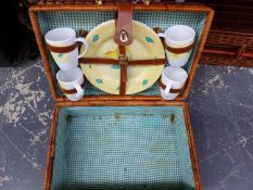 A VINTAGE PICNIC HAMPER AND CONTENTS, ONE OTHER AND A WOODEN WINE BOTTLE CARRIER