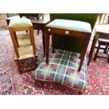 TWO OAK STOOLS WITH DROP IN SEATS, ANOTHER RUSH SEATED TOGETHER WITH A FOURTH WITH MAHOGANY BALUSTER