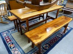 A REYNOLDS OF LUDLOW YEW WOOD TABLE, THE SQUARE SECTIONED LEGS JOINED BY AN H-SHPED STRETCHER. W 137