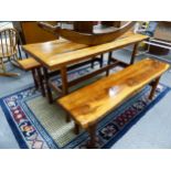 A REYNOLDS OF LUDLOW YEW WOOD TABLE, THE SQUARE SECTIONED LEGS JOINED BY AN H-SHPED STRETCHER. W 137