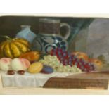 LATE 19th CENTURY ENGLISH SCHOOL. TABLE TOP STILL LIFE, OIL ON BOARD. INSCRIBED ON SHAPED MOUNT.