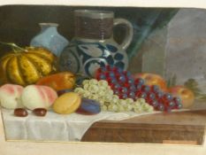 LATE 19th CENTURY ENGLISH SCHOOL. TABLE TOP STILL LIFE, OIL ON BOARD. INSCRIBED ON SHAPED MOUNT.