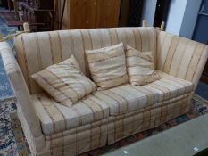 A PAIR OF KNOLE SETTEE'S UPHOLSTERED IN RED STRIPED BEIGE DAMASK