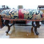 A VICTORIAN MAHOGANY FOOT STOOL, A RUSH SEATED OAK STOOL TOGETHER WITH AN OAK STOOL WITH A LEATHER