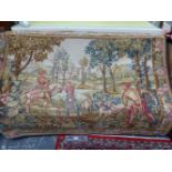 A DECORATIVE MACHINE MADE TAPESTRY OF A 17th/18th CENTURY HUNT SCENE. 129 x 179cm