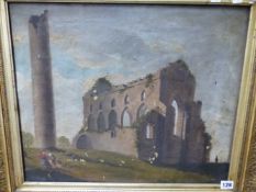 19TH CENTURY ENGLISH SCHOOL. FIGURES BY RUINS, OIL ON CANVAS. 44 x 54cms