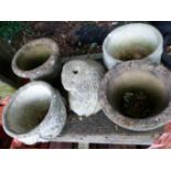 FIVE VARIOUS ANTIQUE AND VINTAGE GARDEN URNS, TOGETHER WITH A FIRE BUCKET (6).
