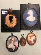 AN OVAL WATERCOLOUR PORTRAIT MINIATURE OF A VICTORIAN LADY, ANOTHER PRINTED, A SILHOUETTE OF A LADY