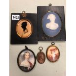 AN OVAL WATERCOLOUR PORTRAIT MINIATURE OF A VICTORIAN LADY, ANOTHER PRINTED, A SILHOUETTE OF A LADY