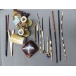 ANTIQUE OPERA GLASSES, GLOVE STRETCHER, QUILLS, HORN BEAKER AND A CIGARETTE CASE, ETC