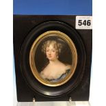 A PORTRAIT MINIATURE ON PORCELAIN DEPICTING LOUISE DE LA VALLIERE IN A BLACK WOOD FRAME. 16 x