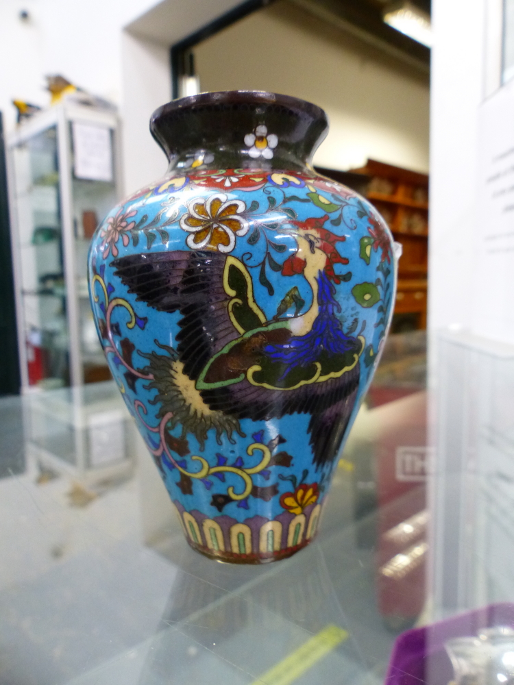 TWO CLOISONNE VASES AND A LUSTRE GLASS VASE - Image 4 of 16