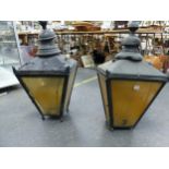 A PAIR OF LARGE VINTAGE PAINTED STREET LANTERNS.