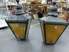 A PAIR OF LARGE VINTAGE PAINTED STREET LANTERNS.