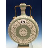 A ROYAL WORCESTER GLAZED CELADON PARIAN MOON FLASK WITH TWO GILT HANDLES AND CHINOISERIE