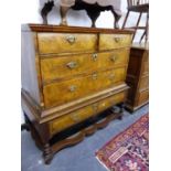 AN 18th C. AND LATER CROSS BANDED WALNUT CHEST ON STAND, THE UPPER HALF WITH TWO SHORT AND TWO LONG