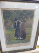AFTER W. DENBY SANDLER. TWO HAND COLOURED PENCIL SIGNED PRINTS OF COUPLES IN GARDENS. 47 x 33cms (