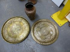 TWO SILVER AND COPPER DAMASCENED BRASS TRAYS AND A VASE, THE LARGEST OF THE FORMER WITH A CRIMPED