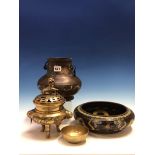 A CHINESE CHAMPLEVE ENAMELLED BRONZE RING HANDLED VASE. H 18cms. A BLACK GROUND CLOISONNE BOWL, FOUR