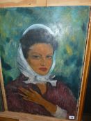 LOUIS DE MARQUEVIC (20th C.) ARR. PORTRAIT OF A LADY, SIGNED OIL ON BOARD. UNFRAMED 65 x 46cms,