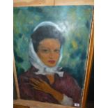 LOUIS DE MARQUEVIC (20th C.) ARR. PORTRAIT OF A LADY, SIGNED OIL ON BOARD. UNFRAMED 65 x 46cms,