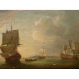 OLD MASTER SCHOOL WARSHIPS MOORED IN A ESTUARY PROBABLY DUTCH, OIL ON CANVAS 32 x 45cms