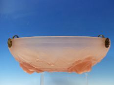 ATTRIBUTED TO JOBLING, A FROSTED PINK GLASS CEILING DISH MOULDED WITH ROSES. Dia. 34cms.