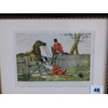 TEN VINTAGE COLOUR PRINTS OF HUNTING AND SPORTING SUBJECTS IN HOGARTH FRAMES, SIZES VARY