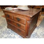 AN 18th C. OAK COFFER, THE FRONT WITH TWO FALSE SHORT AND TWO LONG DRAWERS ABOVE BRACKET FEET. W