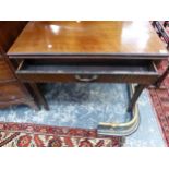 A GEORGE III MAHOGANY FOLD OVER TEA TABLE WITH FRIEZE DRAWER.