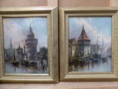 GILBERT? (19th/20tH CENTURY) A PAIR OF GERMAN TOWN CANAL VIEWS SIGNED OIL ON BOARD 26 x 20cms (2)