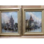 GILBERT? (19th/20tH CENTURY) A PAIR OF GERMAN TOWN CANAL VIEWS SIGNED OIL ON BOARD 26 x 20cms (2)