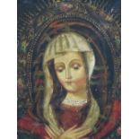 CONTINENTAL SCHOOL PROBABLY SPANISH PORTRAIT OF THE MADONNA WITH GILT AND JEWEL HIGHLIGHTS OIL ON