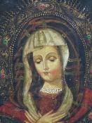 CONTINENTAL SCHOOL PROBABLY SPANISH PORTRAIT OF THE MADONNA WITH GILT AND JEWEL HIGHLIGHTS OIL ON