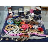A LARGE QUANTITY OF COSTUME JEWELLERY, ORNATE HAIR SLIDES JEWELLERY BOXES ETC