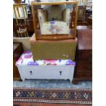 AN ART DECO CHILD'S CHAIR, A RETRO MAHOGANY TWO TIER TABLE, A LOOM BLANKET BOX, A SINGLE DRAWER