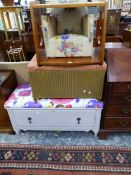 AN ART DECO CHILD'S CHAIR, A RETRO MAHOGANY TWO TIER TABLE, A LOOM BLANKET BOX, A SINGLE DRAWER