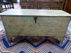 A GEORGIAN PALE BLUE PAINTED PINE COFFER ON BRACKET FEET, THE INTERIOR WITH A CANDLE BOX. W 102 x D