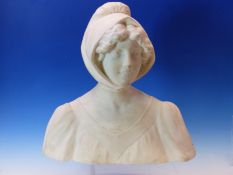 A 19th C. WHITE MARBLE BUST OF A LADY WEARING A HOOD AND A TAPE COLLARED DRESS. H 39cms.