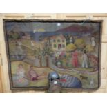 A 1930'S VINTAGE WOOL WORK PANEL WORKED WITH A COUPLE SUNBATHING, PLAYING TENNIS, MOTORING,