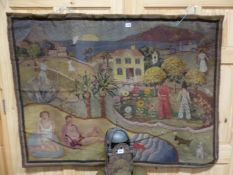 A 1930'S VINTAGE WOOL WORK PANEL WORKED WITH A COUPLE SUNBATHING, PLAYING TENNIS, MOTORING,