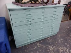 A LARGE TWO PART PAINTED PLAN CHEST, TEN DRAWERS. H 91CM W 132CM D 98CM