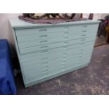 A LARGE TWO PART PAINTED PLAN CHEST, TEN DRAWERS. H 91CM W 132CM D 98CM